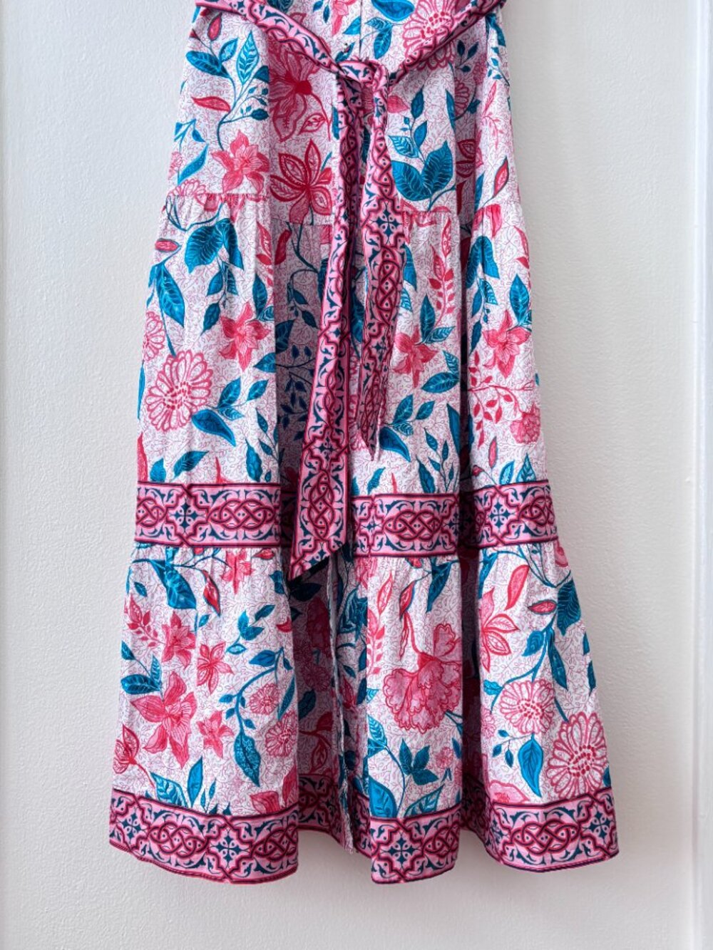 Celina Moon Pink Floral Belted Midi Dress Puff Sleeve Boho Resort Cottagecore - Picture 4 of 6